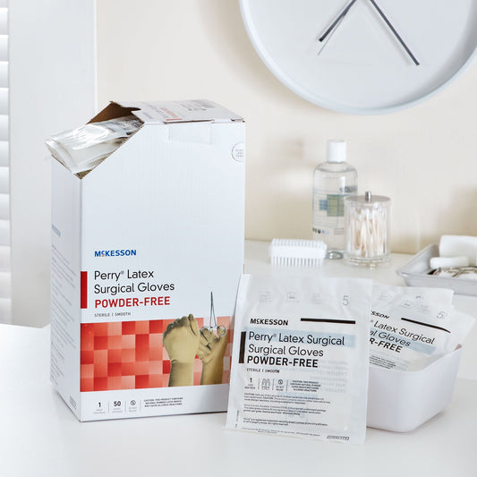 Surgical Glove McKesson Perry Size 5.5 Sterile Latex Standard Cuff Length Smooth Cream Not Chemo Approved, Packaging Type- Box