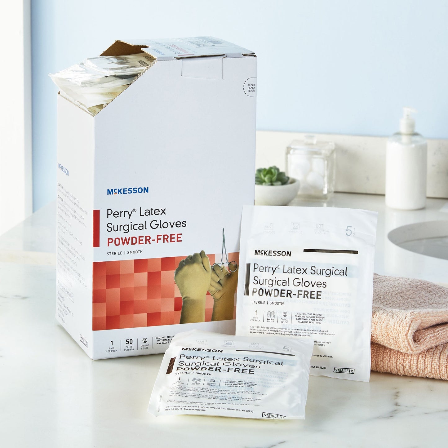 Surgical Glove McKesson Perry Size 5.5 Sterile Latex Standard Cuff Length Smooth Cream Not Chemo Approved, Packaging Type- Box