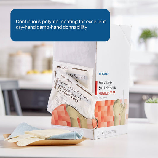 Surgical Glove McKesson Perry Size 6.5 Sterile Latex Standard Cuff Length Smooth Cream Not Chemo Approved, Packaging Type- Box