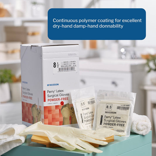 Surgical Glove McKesson Perry Size 8.5 Sterile Latex Standard Cuff Length Smooth Cream Not Chemo Approved, Packaging Type- Box