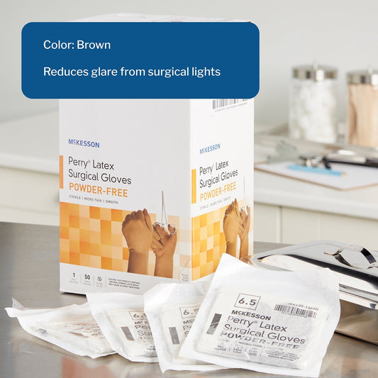 Surgical Glove McKesson Perry Size 6.5 Sterile Latex Standard Cuff Length Smooth Brown Not Chemo Approved, Packaging Type- Box