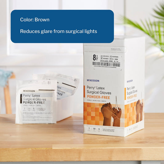 Surgical Glove McKesson Perry Size 8.5 Sterile Latex Standard Cuff Length Smooth Brown Not Chemo Approved, Packaging Type- Box