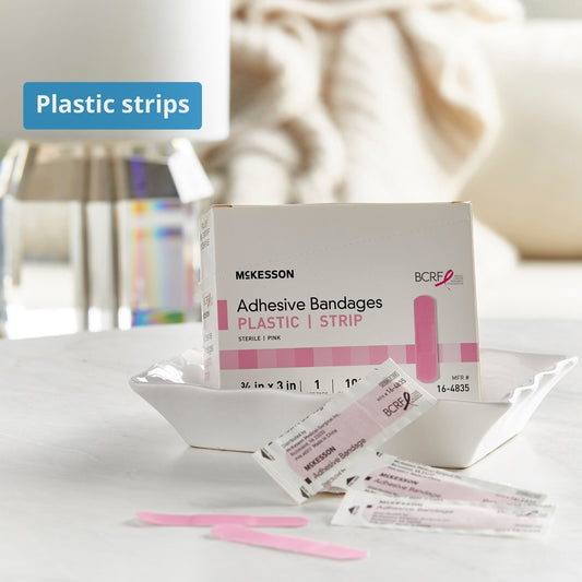 Adhesive Strip McKesson 3/4 X 3 Inch Plastic Rectangle Pink Sterile, Packaging Type- Box