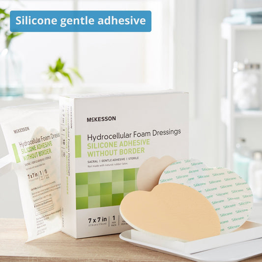 Foam Dressing McKesson 7 X 7 Inch Without Border Film Backing Silicone Gel Adhesive Sacral Sterile, Packaging Type- Box