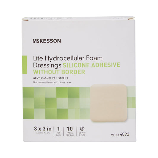 Thin Foam Dressing McKesson Lite 3 X 3 Inch Without Border Film Backing Silicone Gel Adhesive Square Sterile, Packaging Type