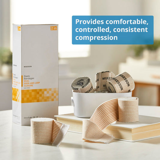 Elastic Bandage McKesson 2 Inch X 5 Yard Double Hook and Loop Closure Tan NonSterile Standard Compression, Packaging Type- Box