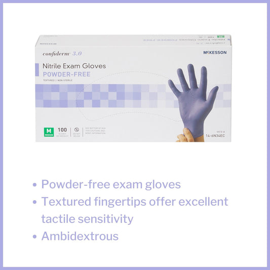 Exam Glove McKesson Confiderm 3.0 Medium NonSterile Nitrile Standard Cuff Length Textured Fingertips Blue Not Rated, Packaging Type- Box