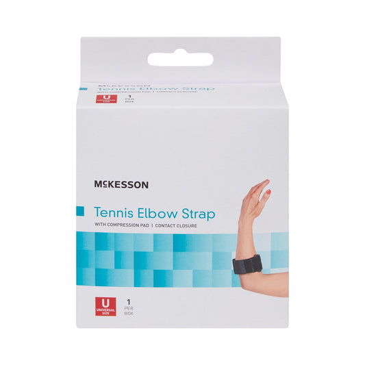 Elbow Support Strap McKesson One Size Fits Most Hook and Loop with D Ring Tennis / Golf Left or Right Elbow Up to 18 Inch Circumference Black, Packaging Type- Each