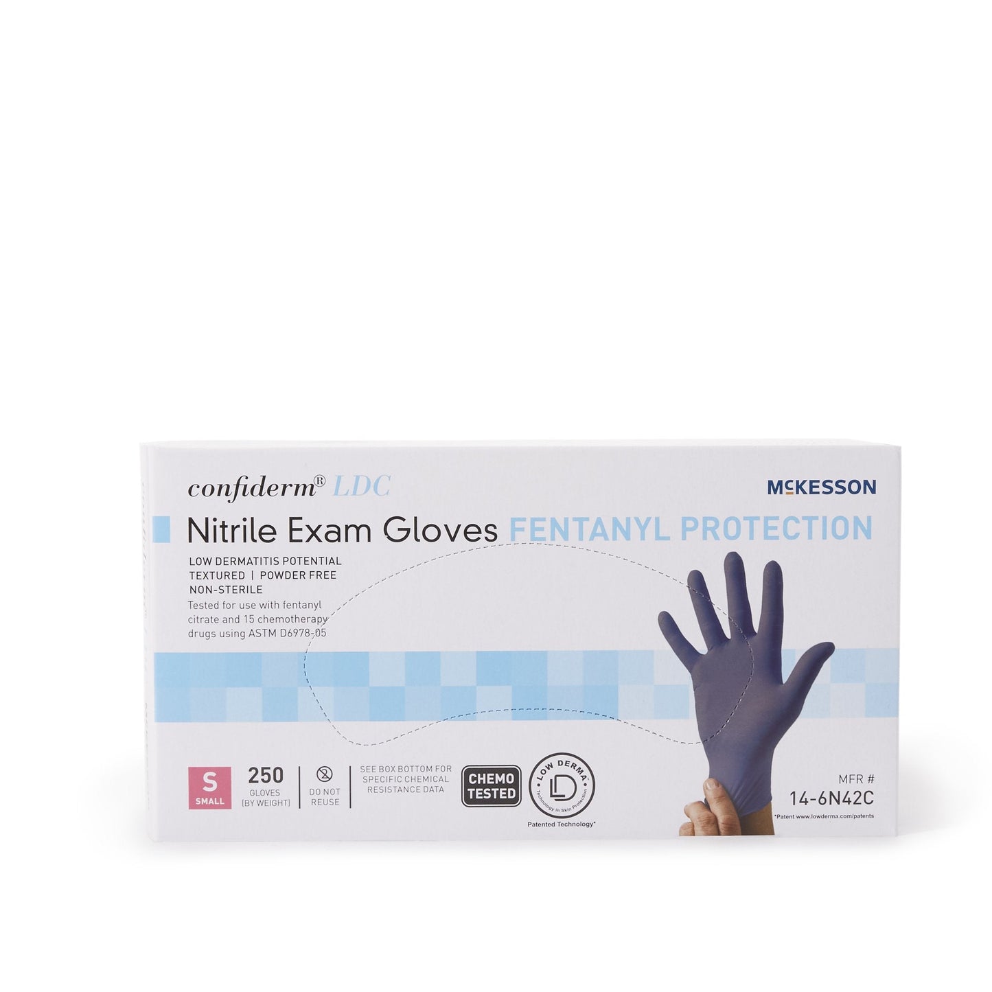 Exam Glove McKesson Confiderm LDC Small NonSterile Nitrile Standard Cuff Length Fully Textured Blue Chemo Tested / Fentanyl Tested, Packaging Type- Box