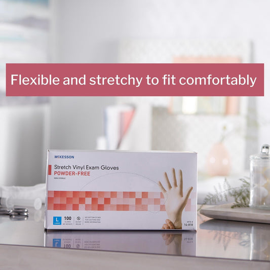 Exam Glove McKesson Large NonSterile Stretch Vinyl Standard Cuff Length Smooth Ivory Not Rated, Packaging Type- Box
