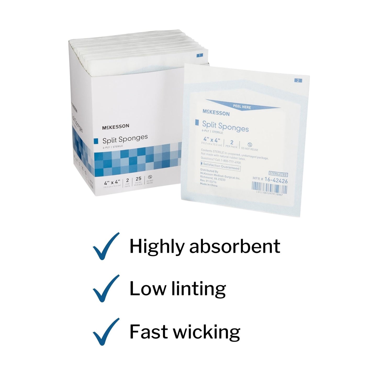 Drain Sponge McKesson 4 X 4 Inch 6-Ply Sterile 2 per Pack, Packaging Type- Box