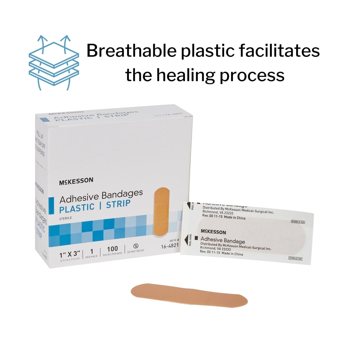 Adhesive Strip McKesson 1 X 3 Inch Plastic Rectangle Tan Sterile, Packaging Type- Box