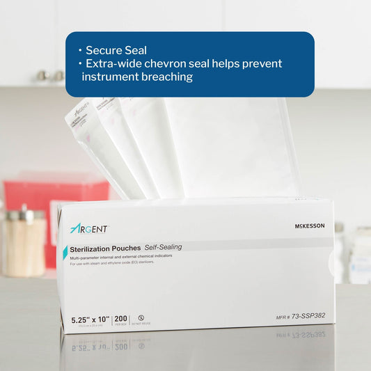 Sterilization Pouch McKesson Argent Sure-Check Ethylene Oxide (EO) Gas / Steam 5-1/4 X 10 Inch Transparent / Blue Self Seal Paper / Film, Packaging Type- Box