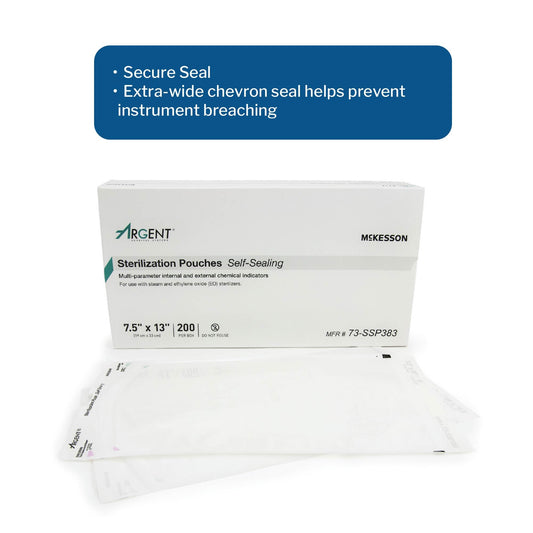 Sterilization Pouch McKesson Argent Sure-Check Ethylene Oxide (EO) Gas / Steam 7-1/2 X 13 Inch Transparent / Blue Self Seal Paper / Film, Packaging Type- Box