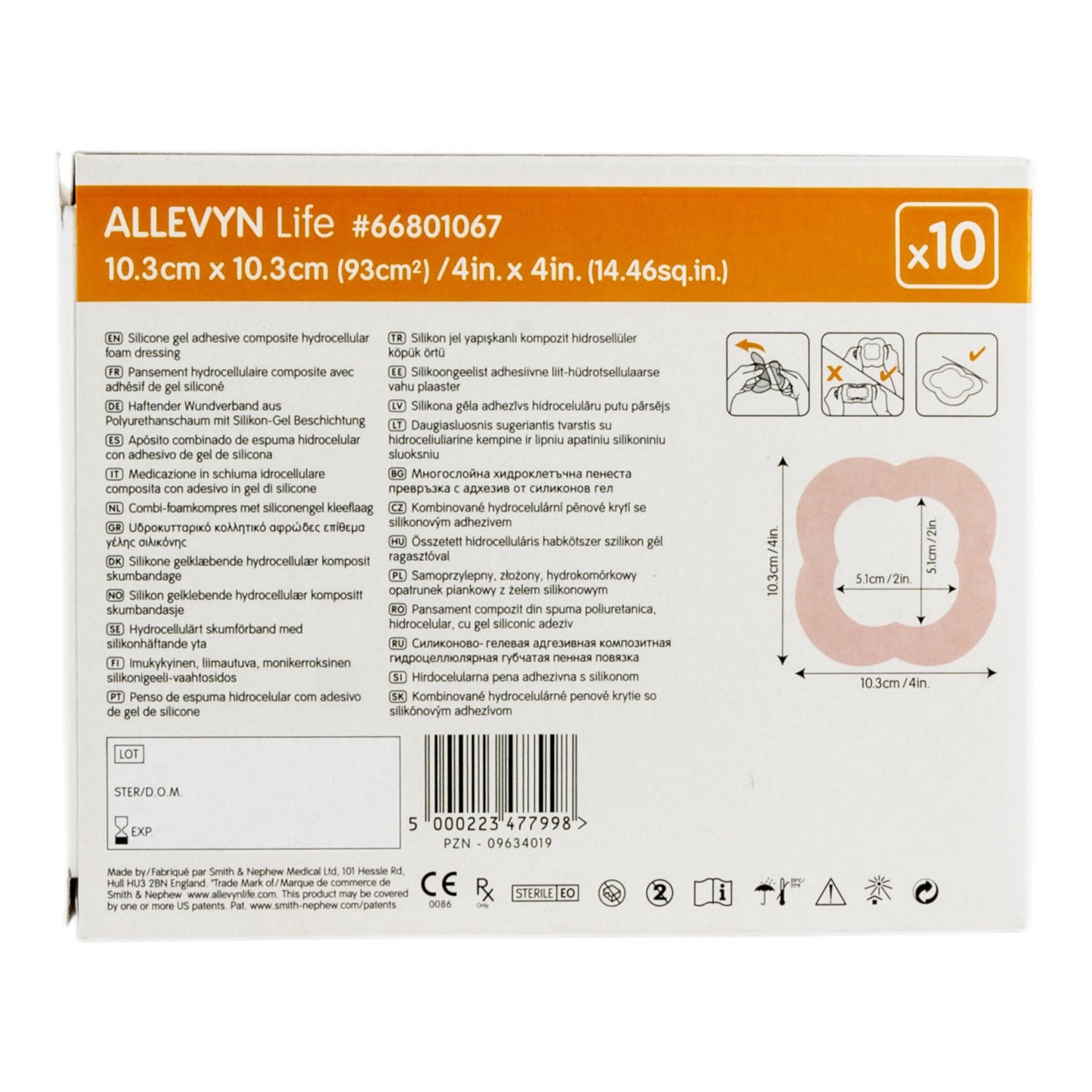 Foam Dressing Allevyn Life 4 X 4 Inch With Border Film Backing Silicone Gel Adhesive Quadrilobe Sterile, Packaging Type- Box of 10