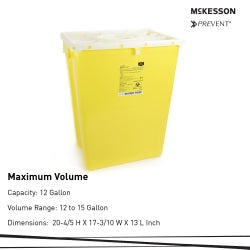 Chemotherapy Waste Container McKesson Prevent Yellow Base 20-4/5 H X 17-3/10 W X 13 L Inch Vertical Entry 12 Gallon, Packaging Type- Each