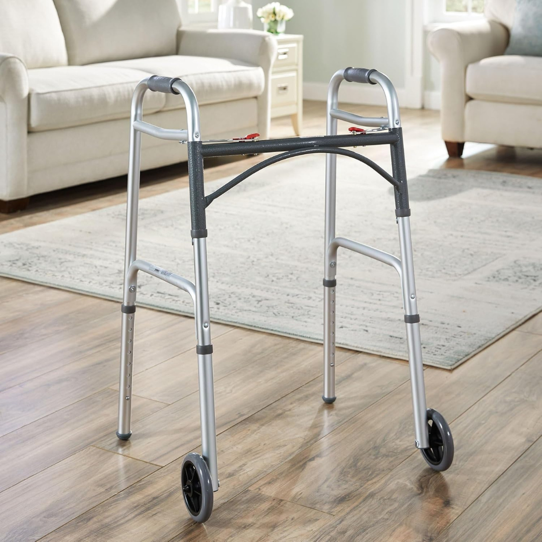 Dual Release Folding Walker with Wheels Adjustable Height McKesson Aluminum Frame 350 lbs. Weight Capacity 32 to 39 Inch Height