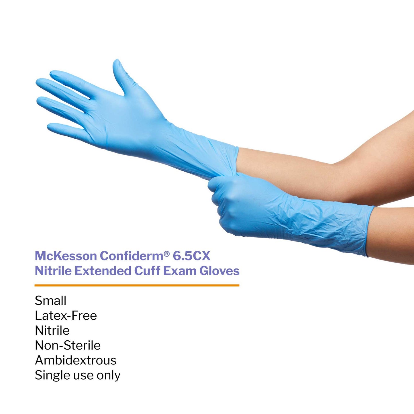 Exam Glove McKesson Confiderm 6.5CX Small NonSterile Nitrile Extended Cuff Length Textured Fingertips Blue Chemo Tested, Packaging Type- Box