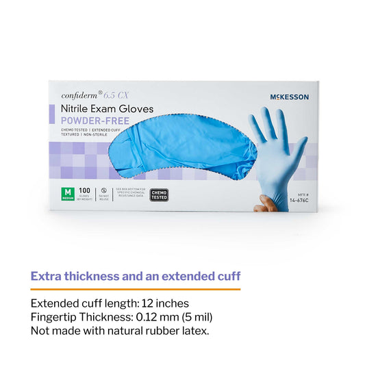 Exam Glove McKesson Confiderm 6.5CX Medium NonSterile Nitrile Extended Cuff Length Textured Fingertips Blue Chemo Tested, Packaging Type- Box