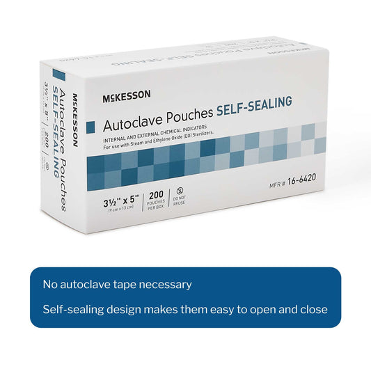 Sterilization Pouch McKesson Ethylene Oxide (EO) Gas / Steam 3-1/2 X 5 Inch Transparent Blue / White Self Seal Paper / Film, Packaging Type- Box