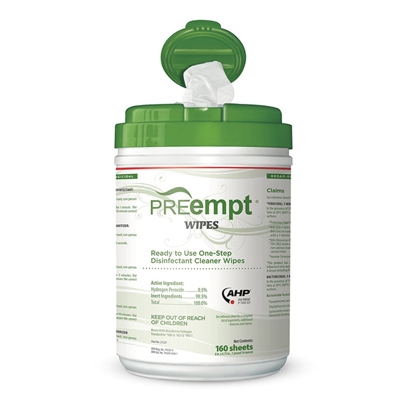 PREempt Surface Disinfectant Cleaner Premoistened Cleanroom Manual Pull Wipe 160 Count Canister Unscented NonSterile, Packaging Type- Box