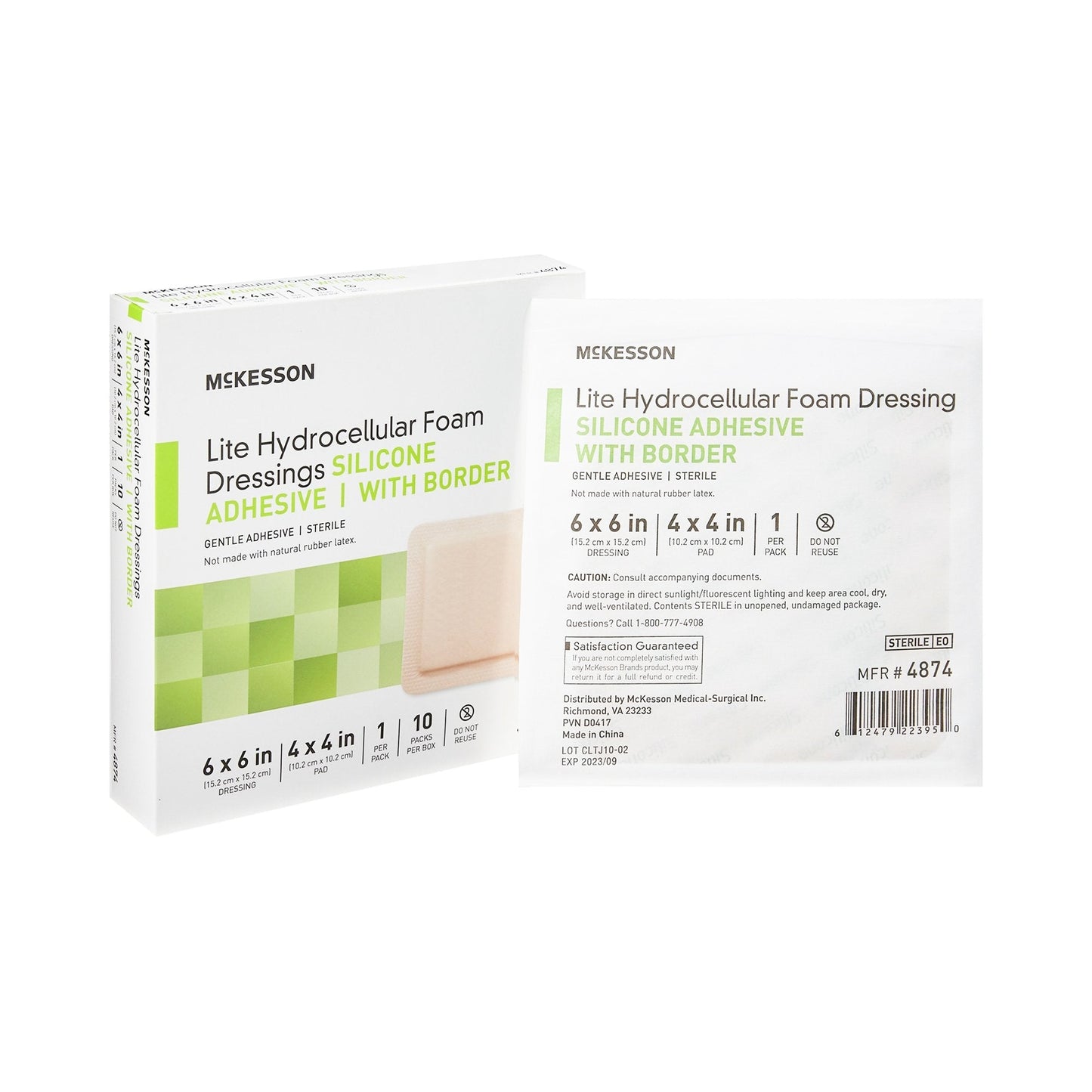 Thin Foam Dressing McKesson Lite 6 X 6 Inch With Border Film Backing Silicone Gel Adhesive Square Sterile, Packaging Type- Box