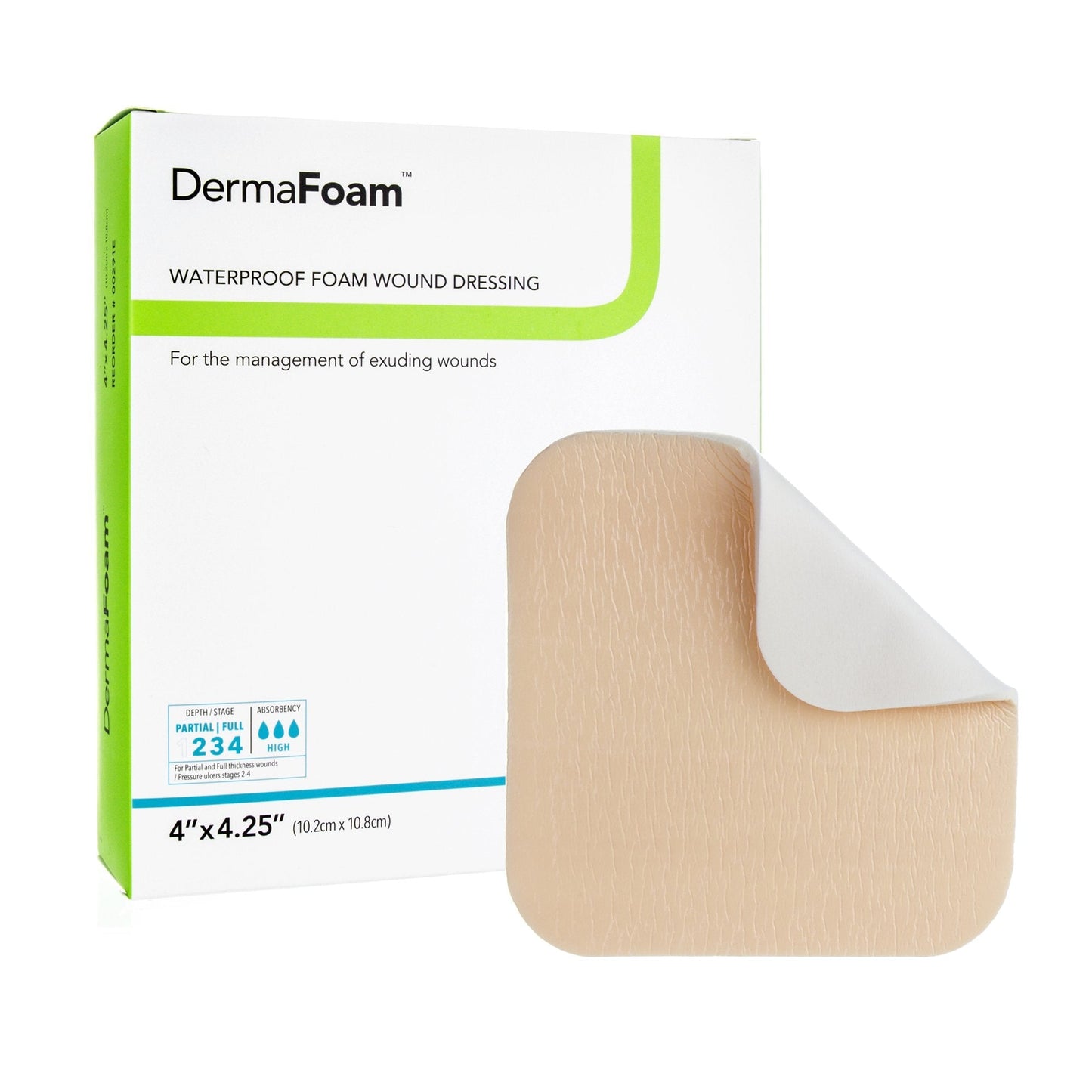 Foam Dressing DermaFoam 4 X 4-1/4 Inch Without Border Waterproof Backing Nonadhesive Rectangle Sterile, Packaging Type- Each