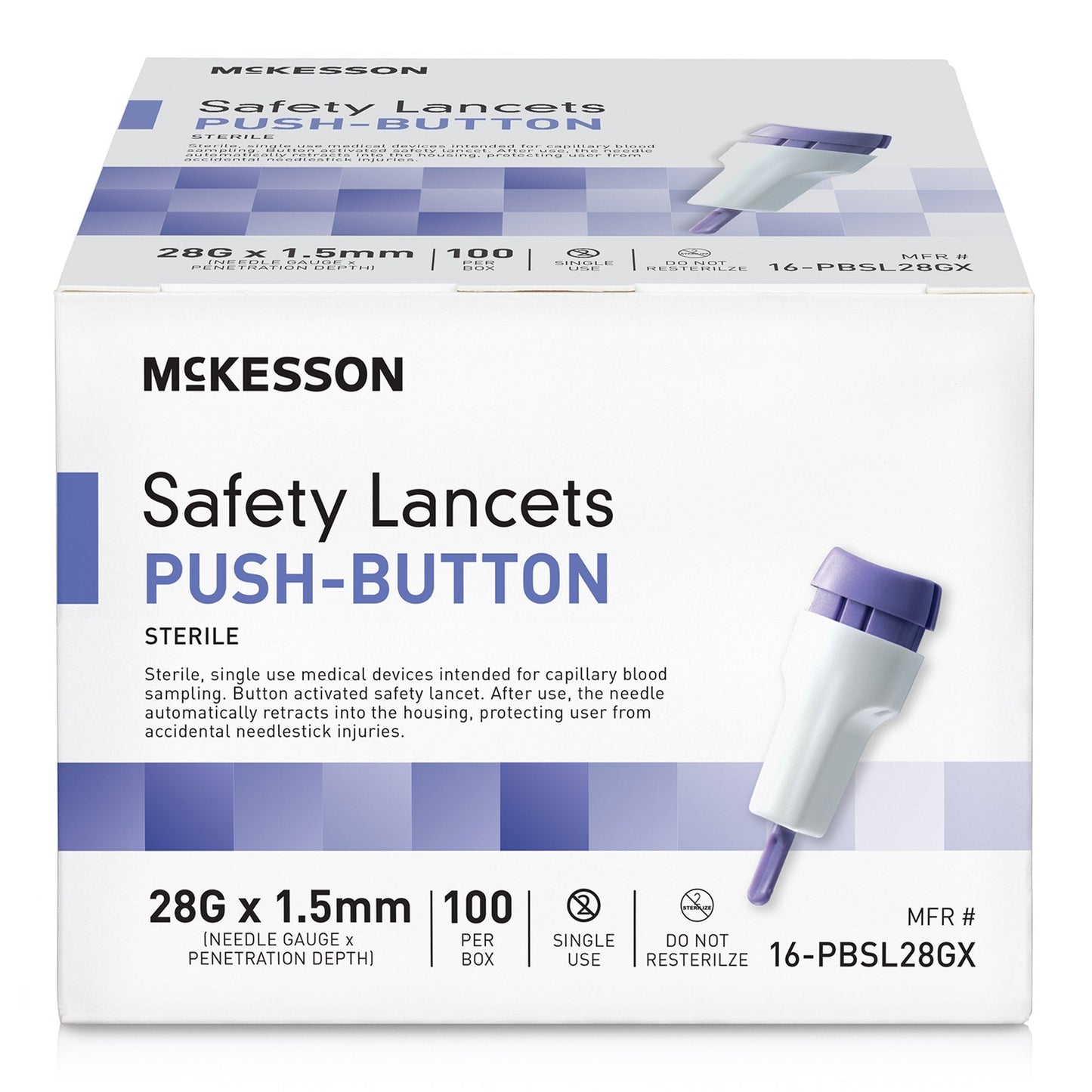 Safety Lancet McKesson 28 Gauge Retractable Push Button Activation Finger, Packaging Type- Box