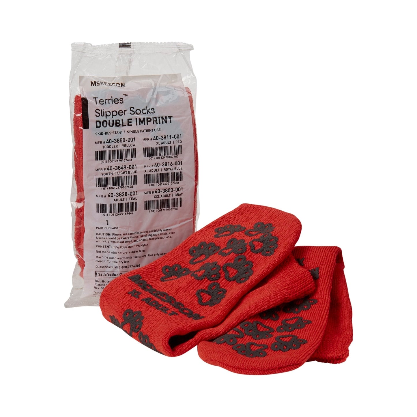 Slipper Socks McKesson Terries Unisex Adult X-Large Double Tread Single Patient Use Red, Packaging Type - Pair