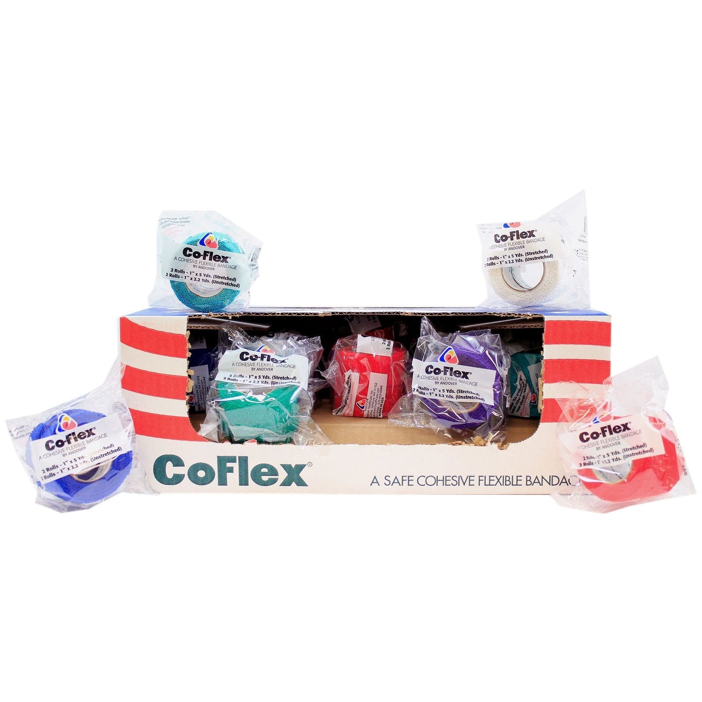 Cohesive Bandage CoFlex 1 Inch X 5 Yard Self-Adherent Closure Teal / Blue / White / Purple / Red / Green NonSterile 14 lbs. Tensile Strength, Packaging Type- Box