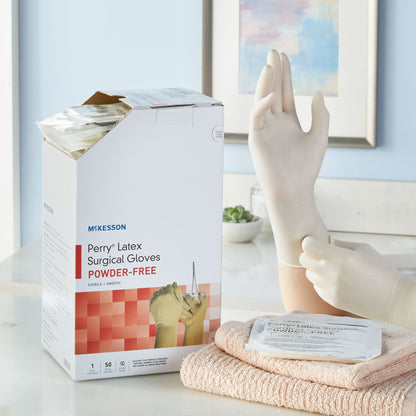 Surgical Glove McKesson Perry Size 5.5 Sterile Latex Standard Cuff Length Smooth Cream Not Chemo Approved, Packaging Type- Box
