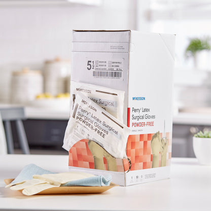 Surgical Glove McKesson Perry Size 5.5 Sterile Latex Standard Cuff Length Smooth Cream Not Chemo Approved, Packaging Type- Box