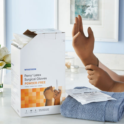 Surgical Glove McKesson Perry Size 6 Sterile Latex Standard Cuff Length Smooth Brown Not Chemo Approved, Packaging Type- Box