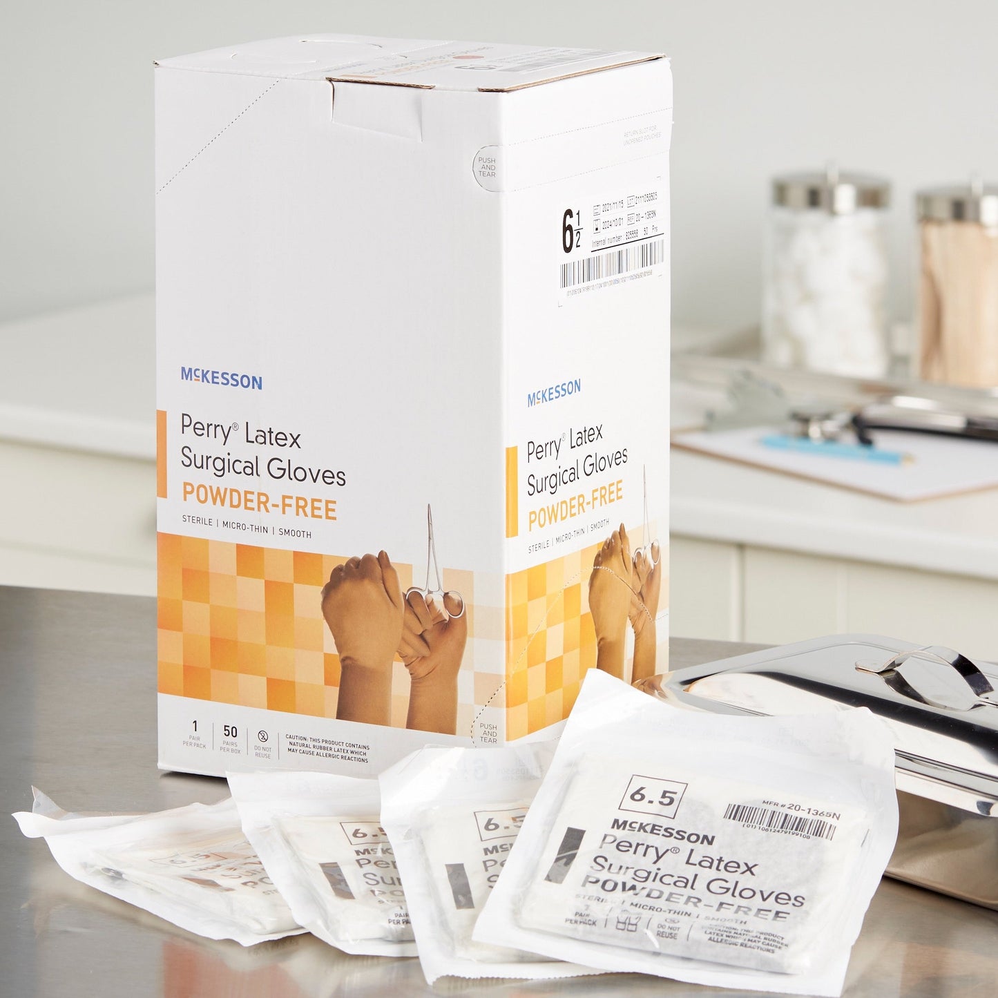 Surgical Glove McKesson Perry Size 6.5 Sterile Latex Standard Cuff Length Smooth Brown Not Chemo Approved, Packaging Type- Box