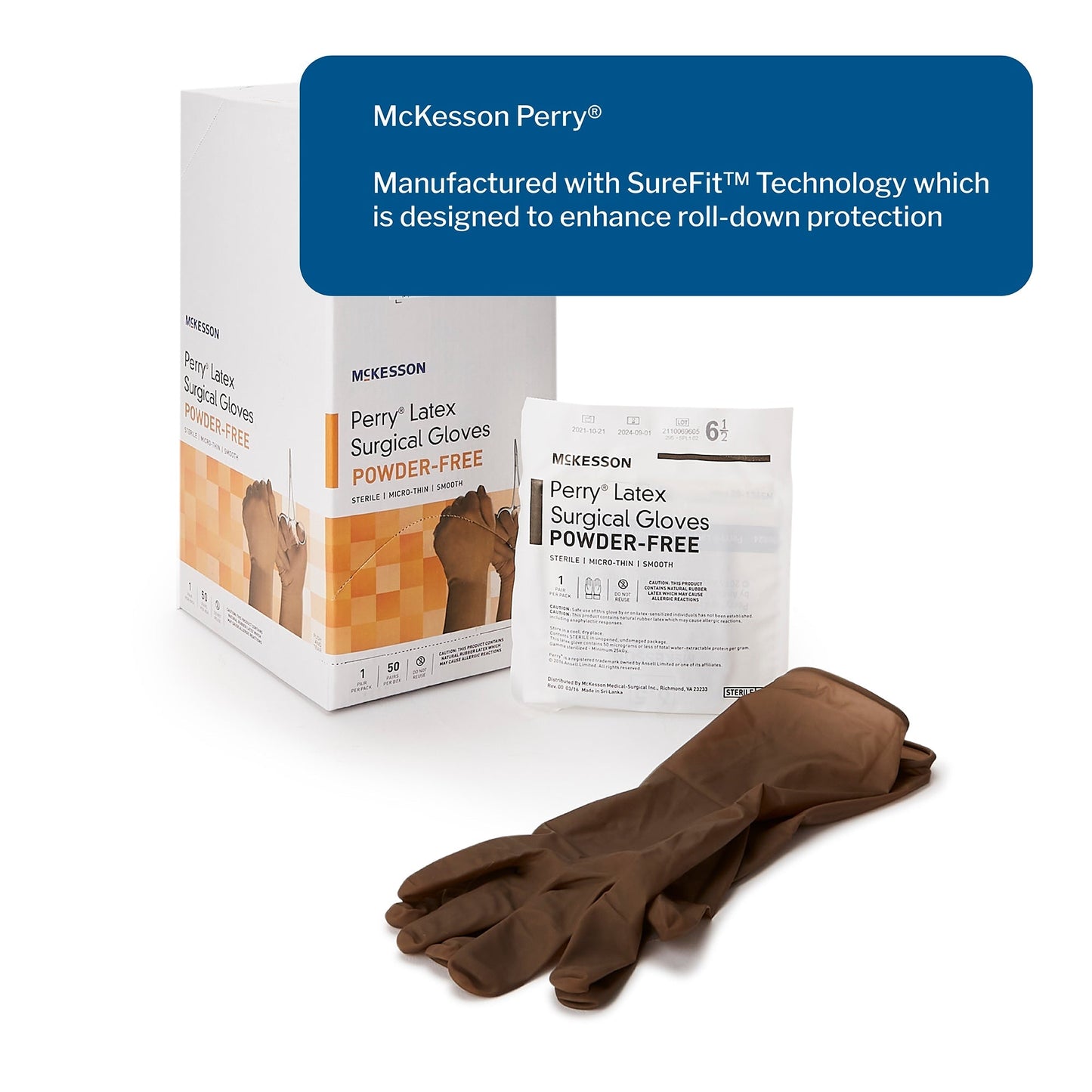 Surgical Glove McKesson Perry Size 6.5 Sterile Latex Standard Cuff Length Smooth Brown Not Chemo Approved, Packaging Type- Box