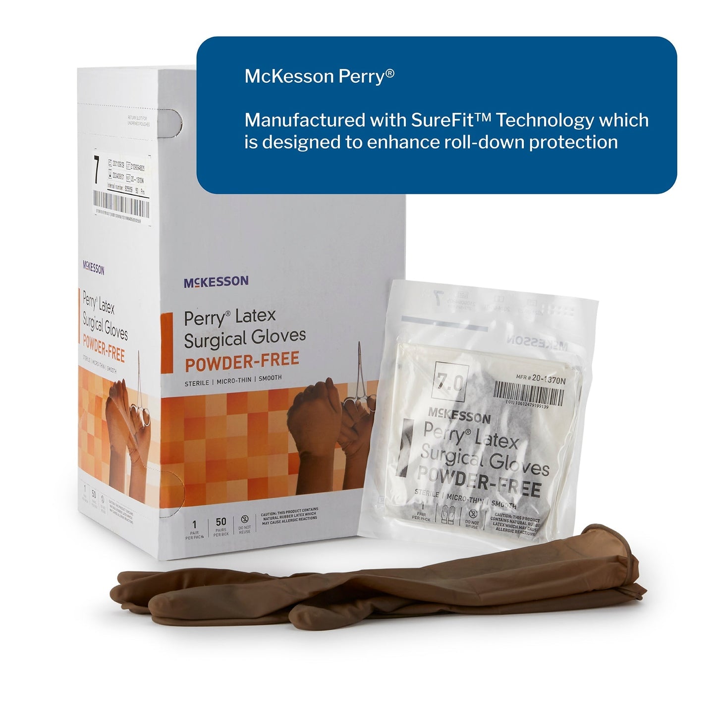 Surgical Glove McKesson Perry Size 7 Sterile Latex Standard Cuff Length Smooth Brown Not Chemo Approved, Packaging Type- Box