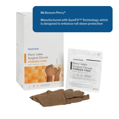 Surgical Glove McKesson Perry Size 8.5 Sterile Latex Standard Cuff Length Smooth Brown Not Chemo Approved, Packaging Type- Box