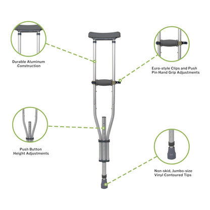 Underarm Crutches McKesson Youth / Adult / Tall Adult 4 Foot 6 Inch to 6 Foot 6 Inch User Height Aluminum Frame 300 lbs. Weight Capacity, Packaging Type- Box