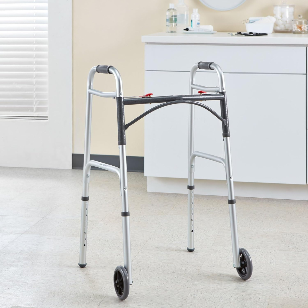 Dual Release Folding Walker with Wheels Adjustable Height McKesson Aluminum Frame 350 lbs. Weight Capacity 32 to 39 Inch Height
