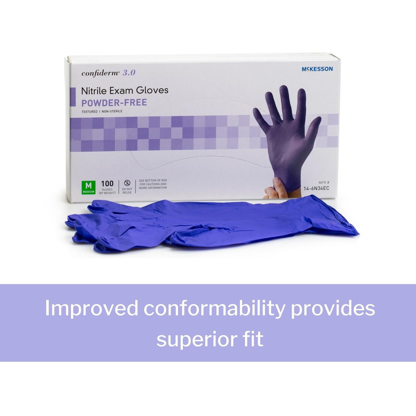 Exam Glove McKesson Confiderm 3.0 Medium NonSterile Nitrile Standard Cuff Length Textured Fingertips Blue Not Rated, Packaging Type- Box