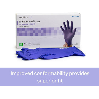 Exam Glove McKesson Confiderm 3.0 Medium NonSterile Nitrile Standard Cuff Length Textured Fingertips Blue Not Rated, Packaging Type- Box