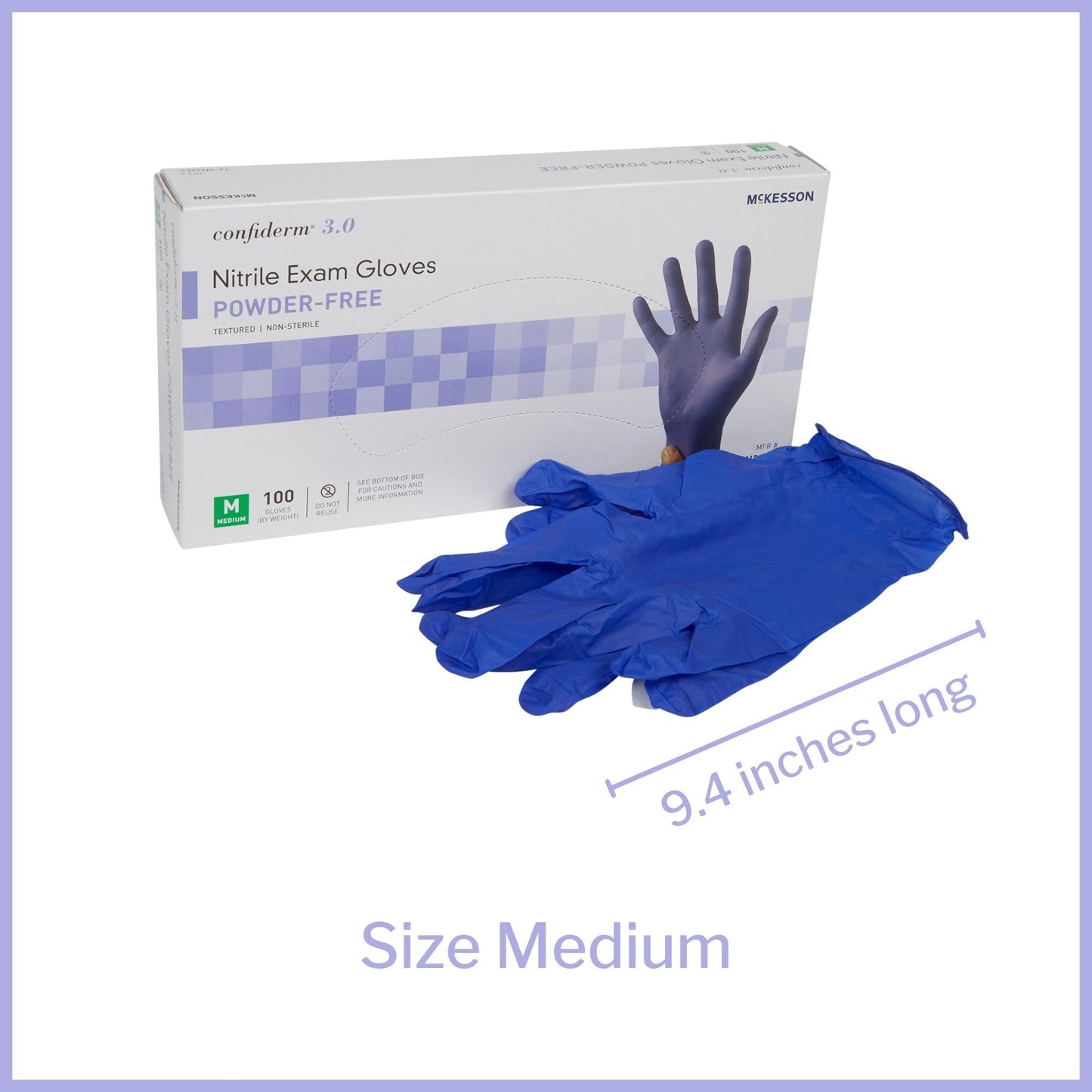 Exam Glove McKesson Confiderm 3.0 Medium NonSterile Nitrile Standard Cuff Length Textured Fingertips Blue Not Rated, Packaging Type- Box
