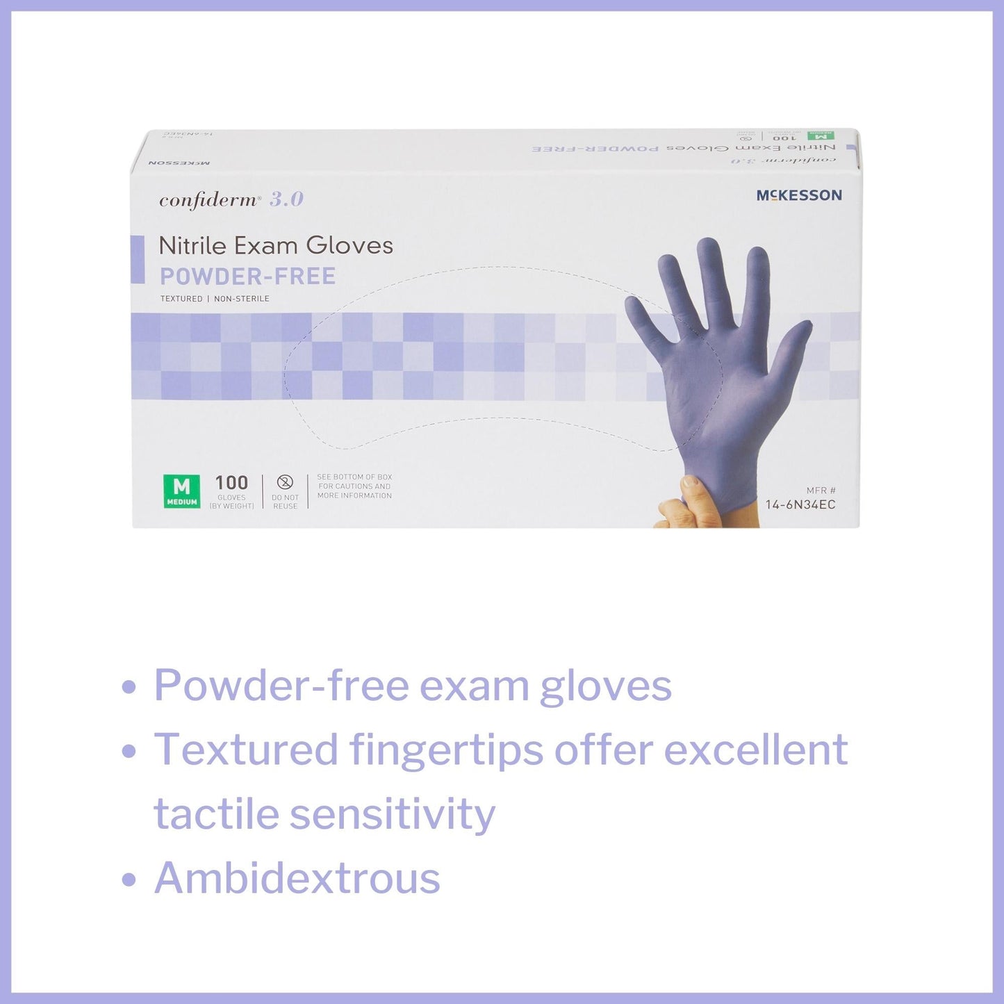 Exam Glove McKesson Confiderm 3.0 Medium NonSterile Nitrile Standard Cuff Length Textured Fingertips Blue Not Rated, Packaging Type- Box