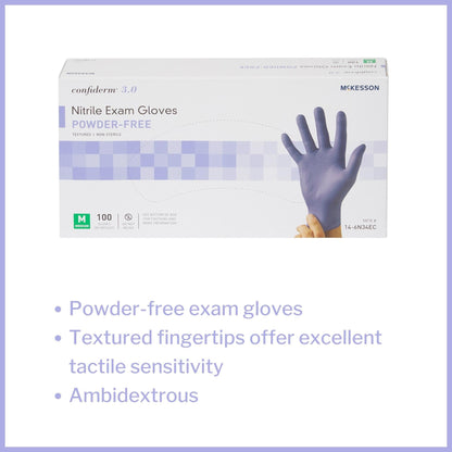 Exam Glove McKesson Confiderm 3.0 Medium NonSterile Nitrile Standard Cuff Length Textured Fingertips Blue Not Rated, Packaging Type- Box