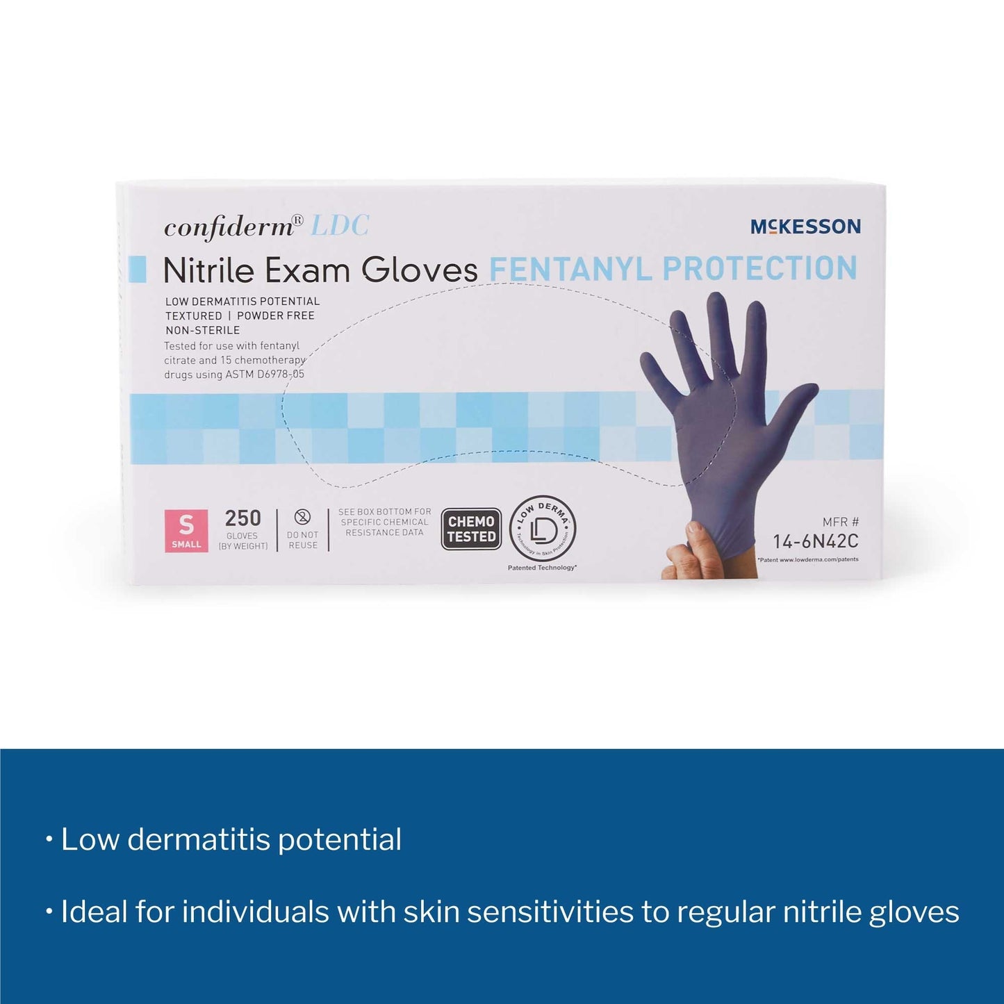 Exam Glove McKesson Confiderm LDC Small NonSterile Nitrile Standard Cuff Length Fully Textured Blue Chemo Tested / Fentanyl Tested, Packaging Type- Box