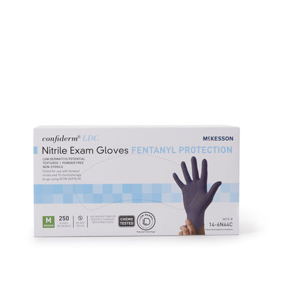 Exam Glove McKesson Confiderm LDC Medium NonSterile Nitrile Standard Cuff Length Fully Textured Blue Chemo Tested / Fentanyl Tested, Packaging Type- Box