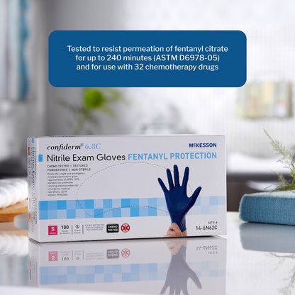 Exam Glove McKesson Confiderm 6.8C Small NonSterile Nitrile Standard Cuff Length Textured Fingertips Blue Chemo Tested / Fentanyl Tested, Packaging Type- Box