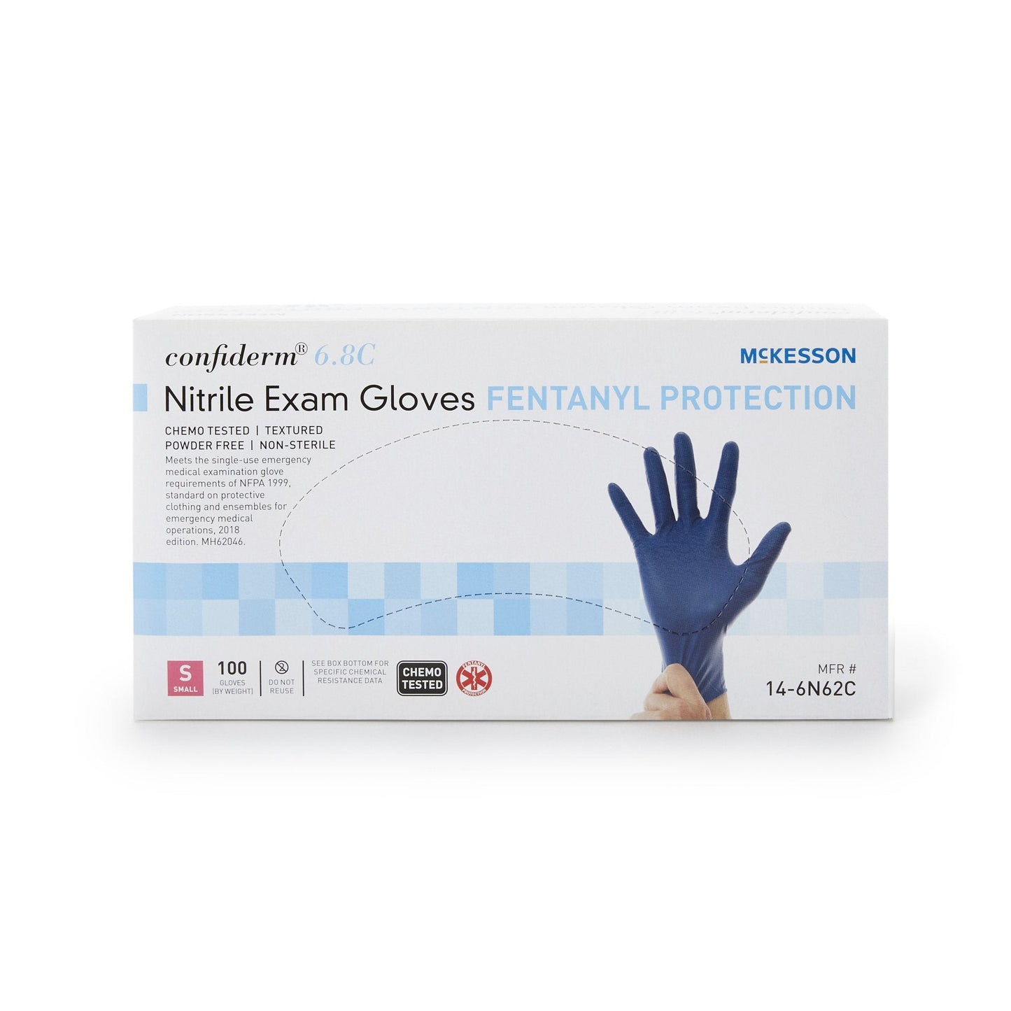 Exam Glove McKesson Confiderm 6.8C Small NonSterile Nitrile Standard Cuff Length Textured Fingertips Blue Chemo Tested / Fentanyl Tested, Packaging Type- Box
