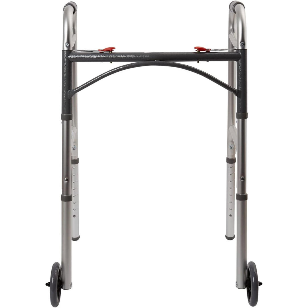 Dual Release Folding Walker with Wheels Adjustable Height McKesson Aluminum Frame 350 lbs. Weight Capacity 32 to 39 Inch Height