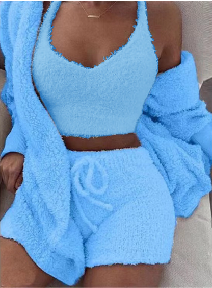 Veluxe 3-Piece Women’s Velvet Lounge Set – Long Sleeve Crop Top, Tank, & Drawstring Shorts